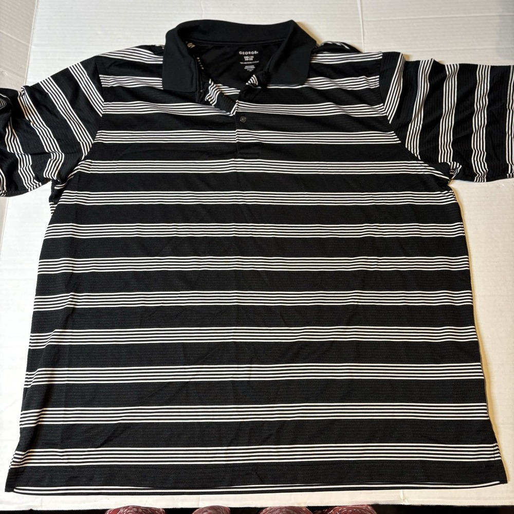 George Black White Stripe Polo Shirt Athletic Material 2XL A2740